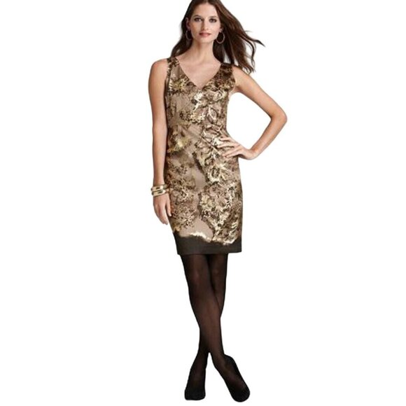 T‎ Tahari Gina Charmeuse Printed Dress Sheath Women's Size 6 Gold - Picture 1 of 12